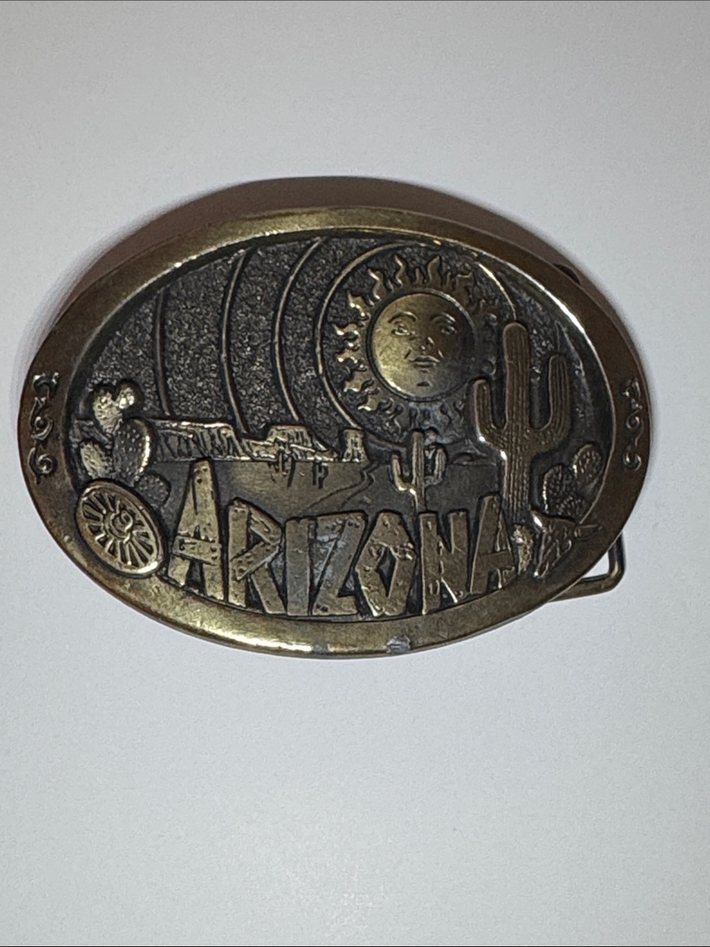 Arizona Brass Belt Buckle with Sun and Cactus -Copyright 1980